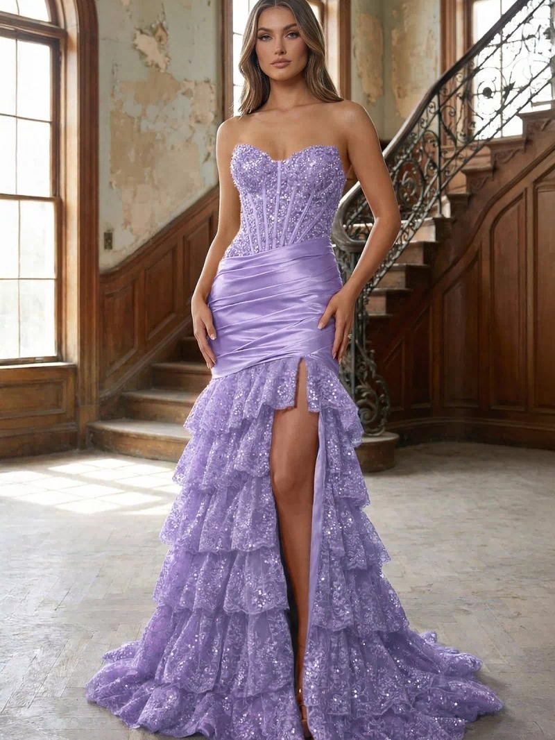 Red Strapless Sweetheart Mermaid Pleated Layered Long Prom Dress With Slit – Prom Dresses by KissProm | Available at KissProm