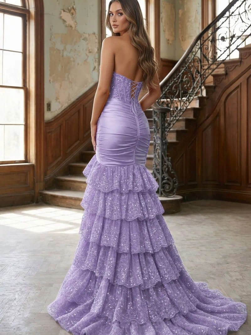 Red Strapless Sweetheart Mermaid Pleated Layered Long Prom Dress With Slit – Prom Dresses by KissProm | Available at KissProm