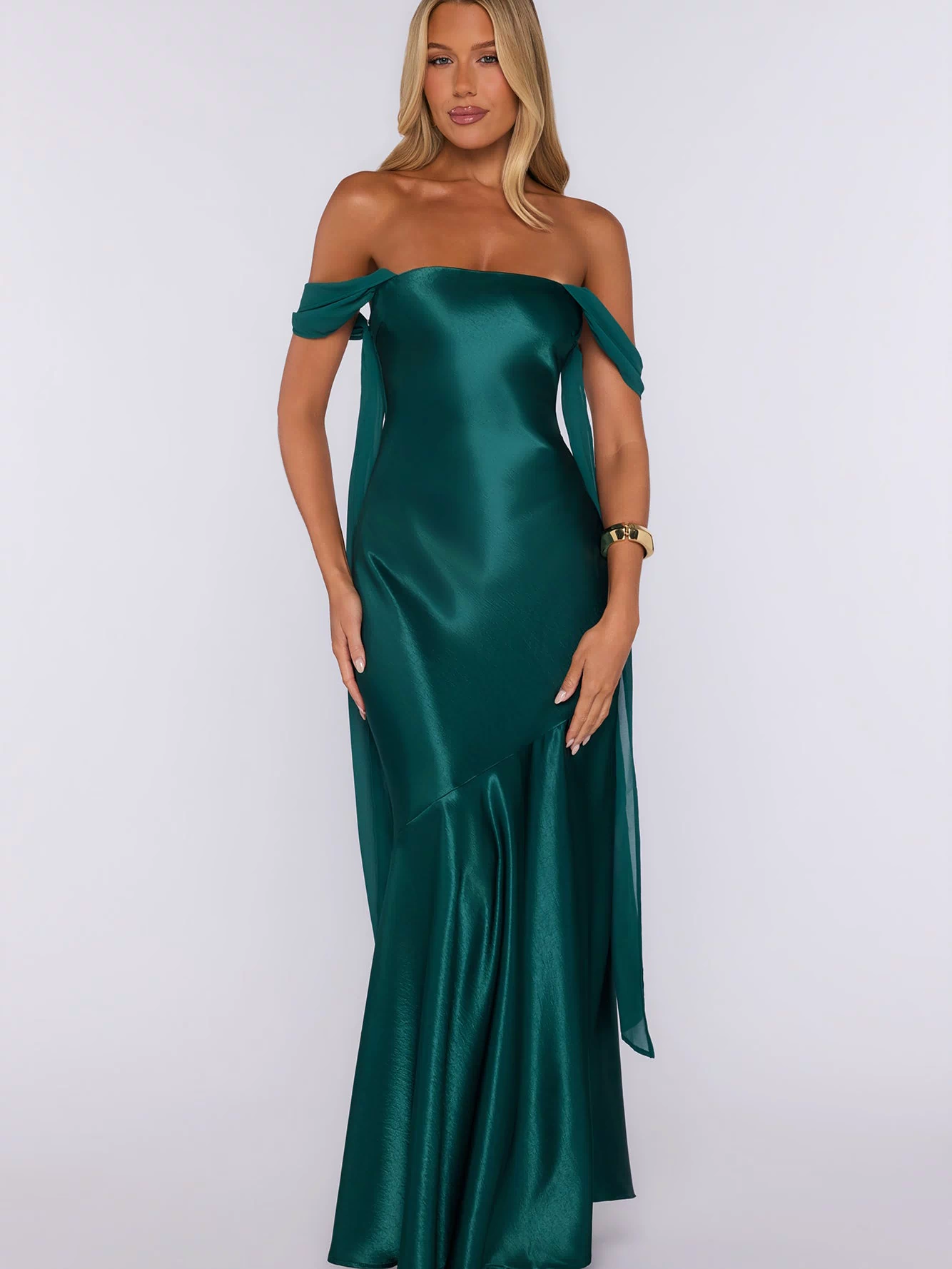 Evening Glam Off Shoulder Satin Maxi Dress Green