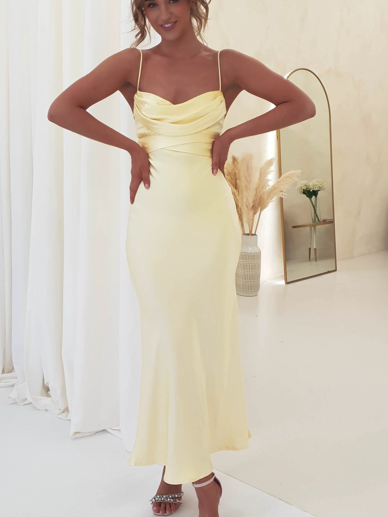 Everleigh Soft Satin Midi Dress | Butter Yellow | Wedding Guest Dress | Oh Hello Clothing