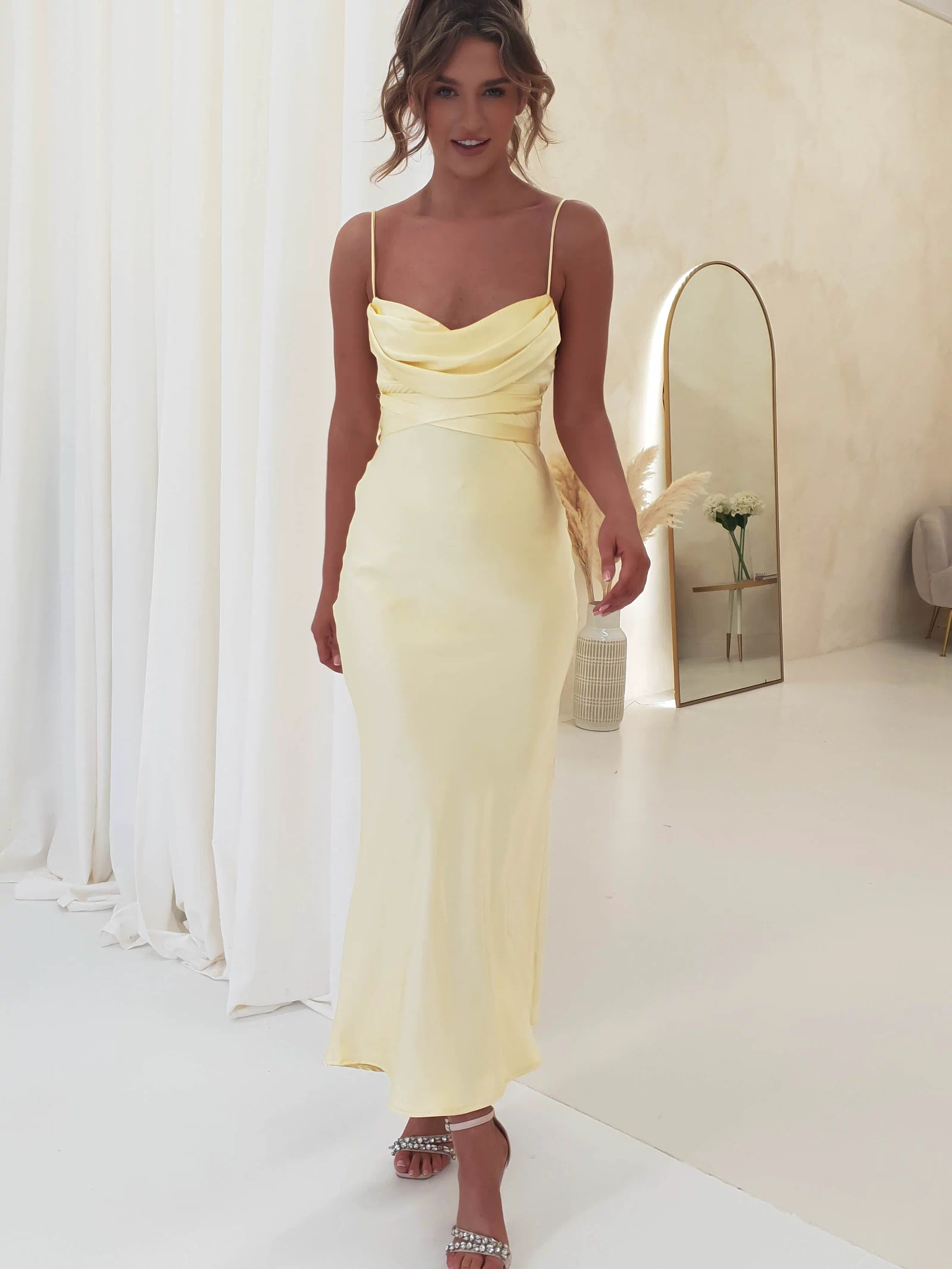 Everleigh Soft Satin Midi Dress | Butter Yellow | Wedding Guest Dress | Oh Hello Clothing