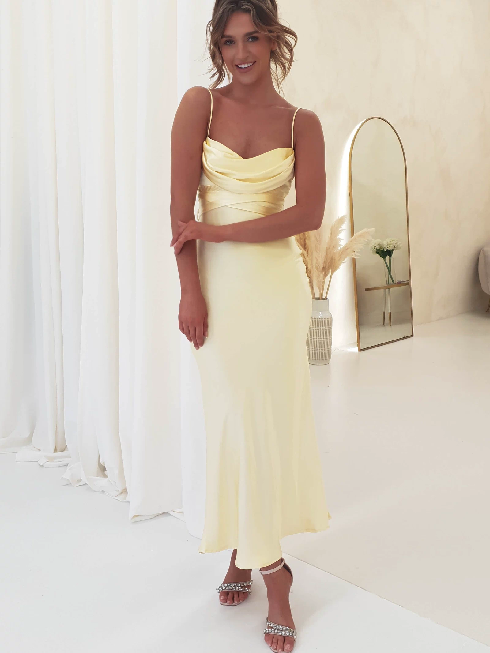 Everleigh Soft Satin Midi Dress | Butter Yellow | Wedding Guest Dress | Oh Hello Clothing