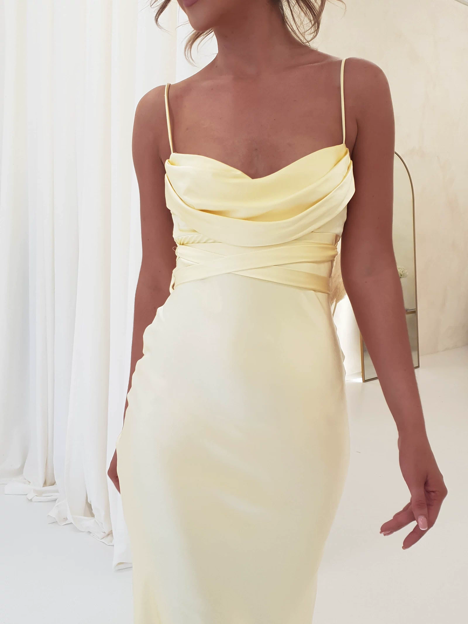 Everleigh Soft Satin Midi Dress | Butter Yellow | Wedding Guest Dress | Oh Hello Clothing
