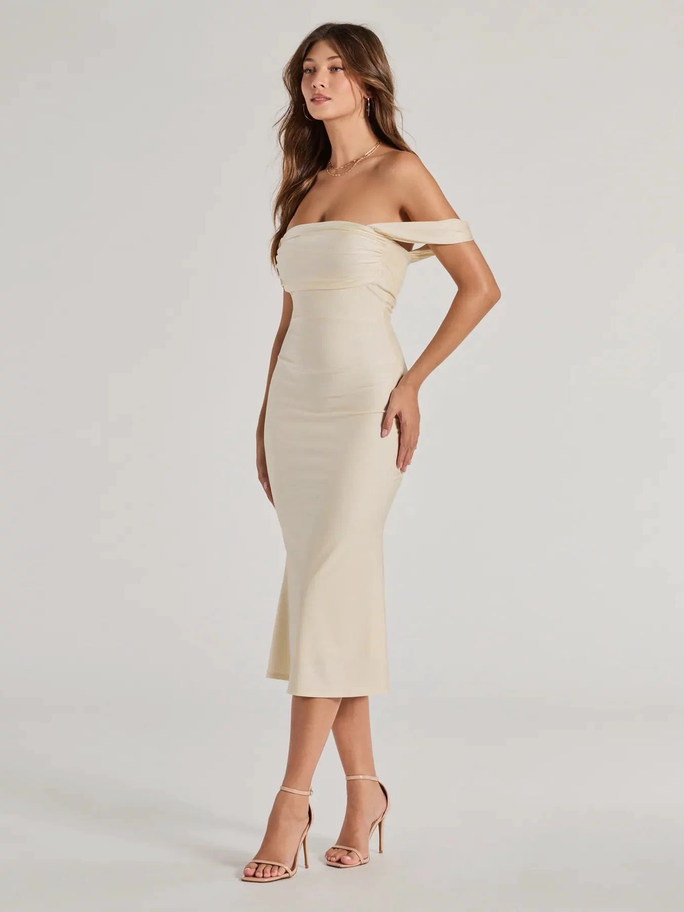 Whether it's the color or silhouette of the Exceptional Off-The-Shoulder Flared Midi Dress, this natural bridesmaid dress is a gorgeous pick for a maid-of-honor or to create a bridal party look ready to celebrate!