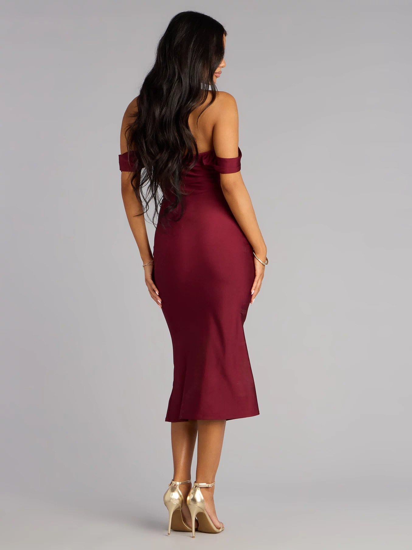 Style a midi dress like Exceptional Off-The-Shoulder Flared Midi Dress in wine with a balanced silhouette, comfortable fit, and versatile design for any occasion.