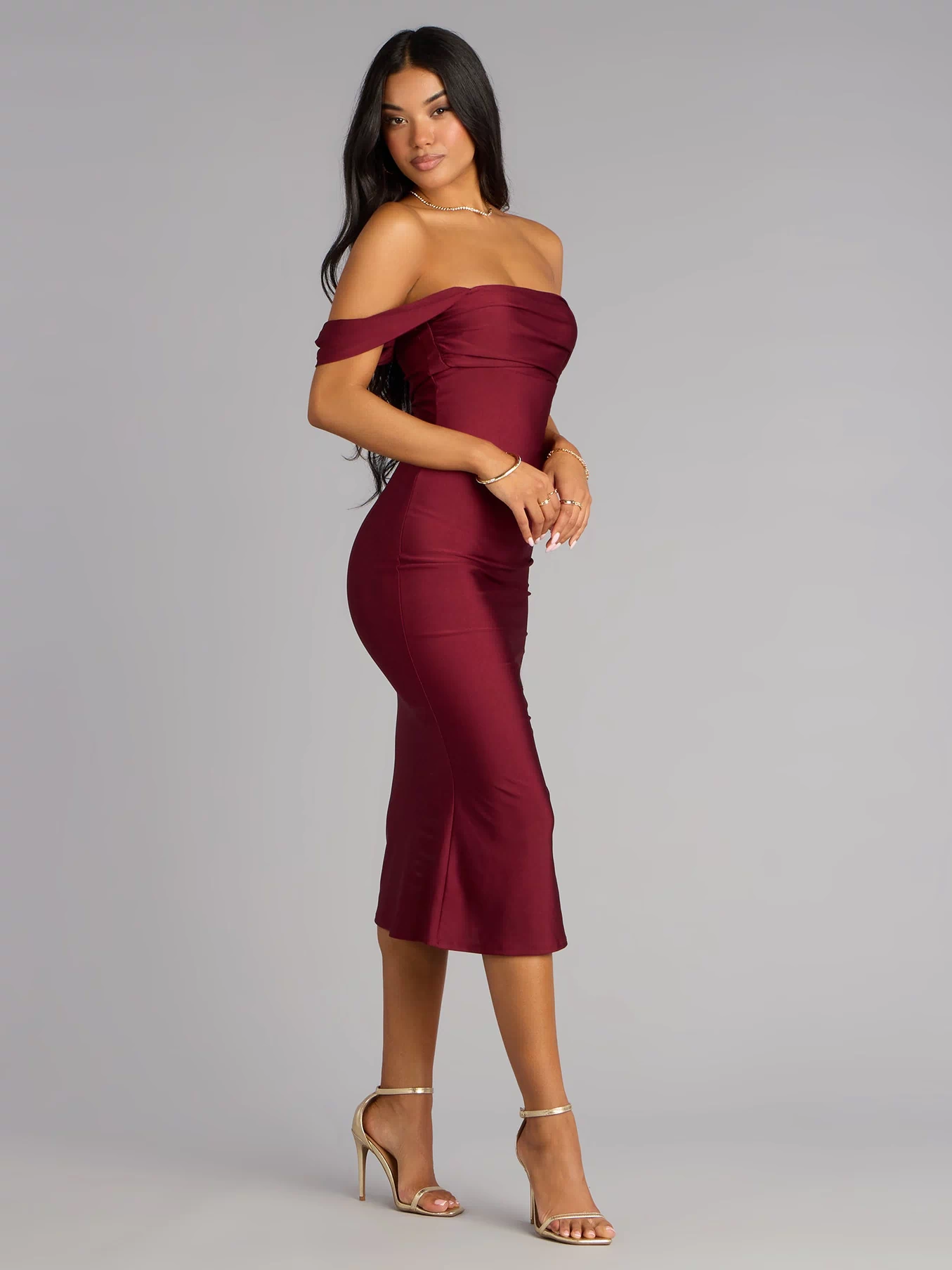 Style a midi dress like Exceptional Off-The-Shoulder Flared Midi Dress in wine with a balanced silhouette, comfortable fit, and versatile design for any occasion.