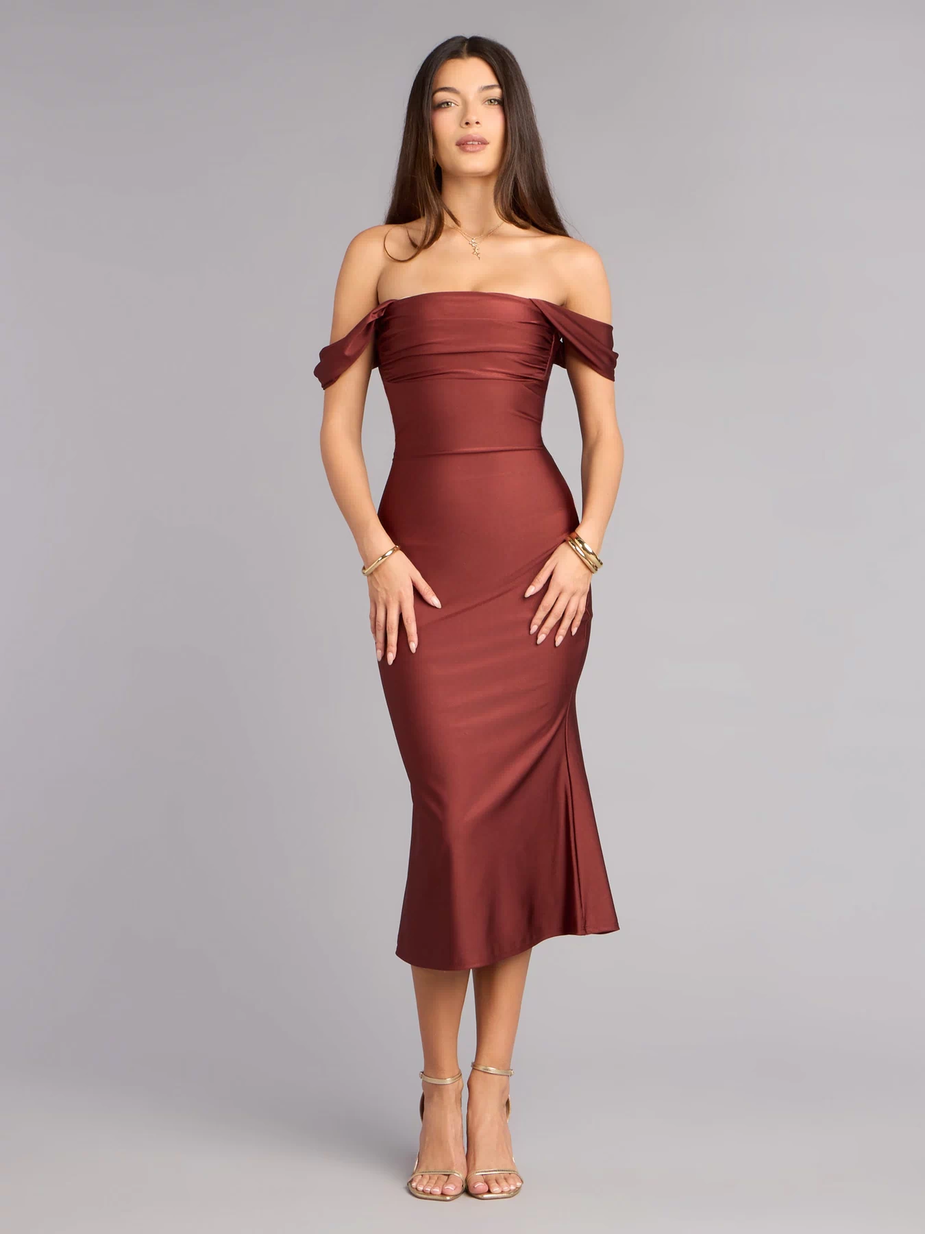 Elevate your look with a midi dress like the Exceptional Off-The-Shoulder Flared Midi Dress in brown, featuring a flattering mid-length silhouette and effortless, polished style.