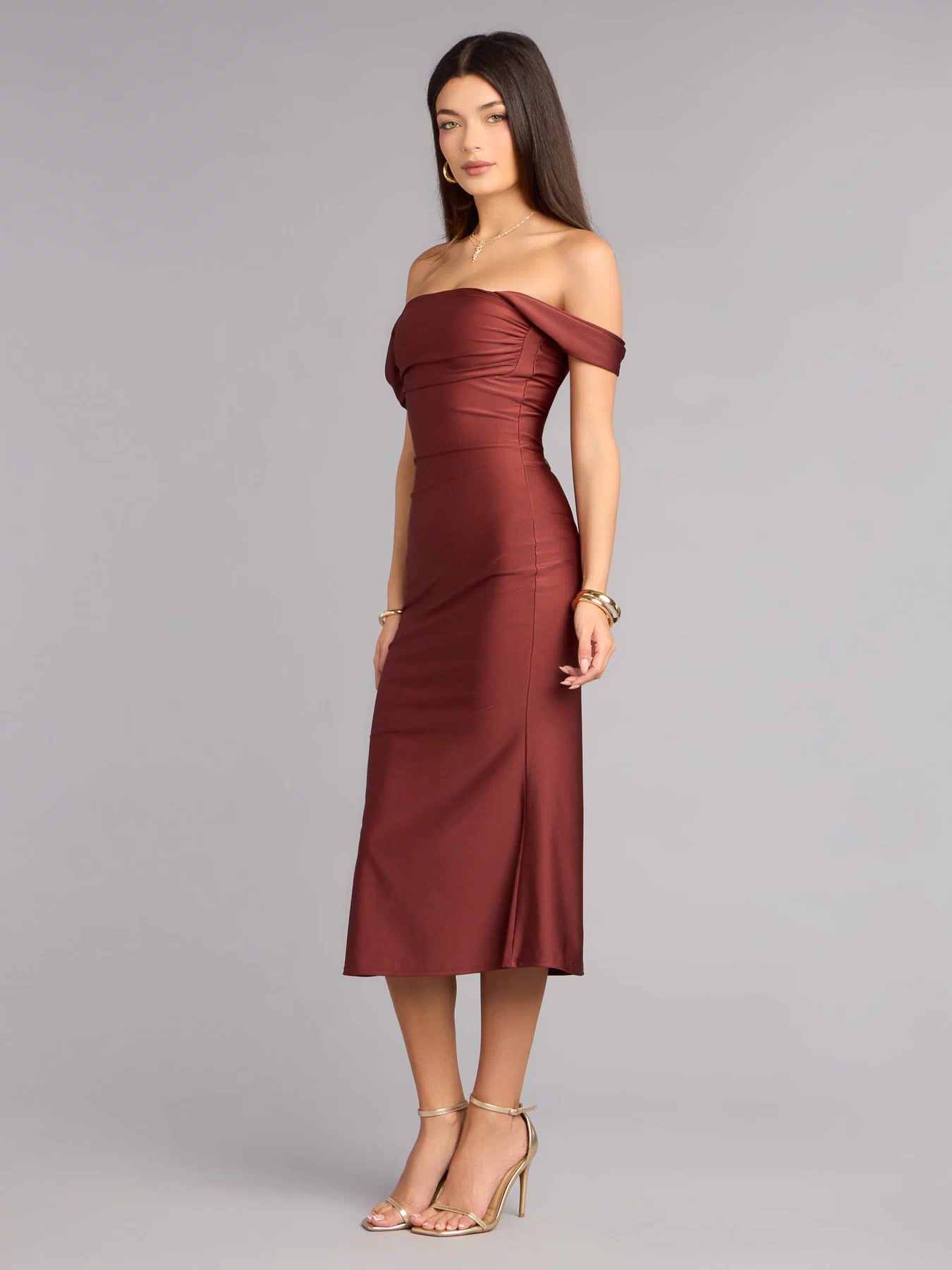 Style a midi dress like Exceptional Off-The-Shoulder Flared Midi Dress in brown with a balanced silhouette, comfortable fit, and versatile design for any occasion.