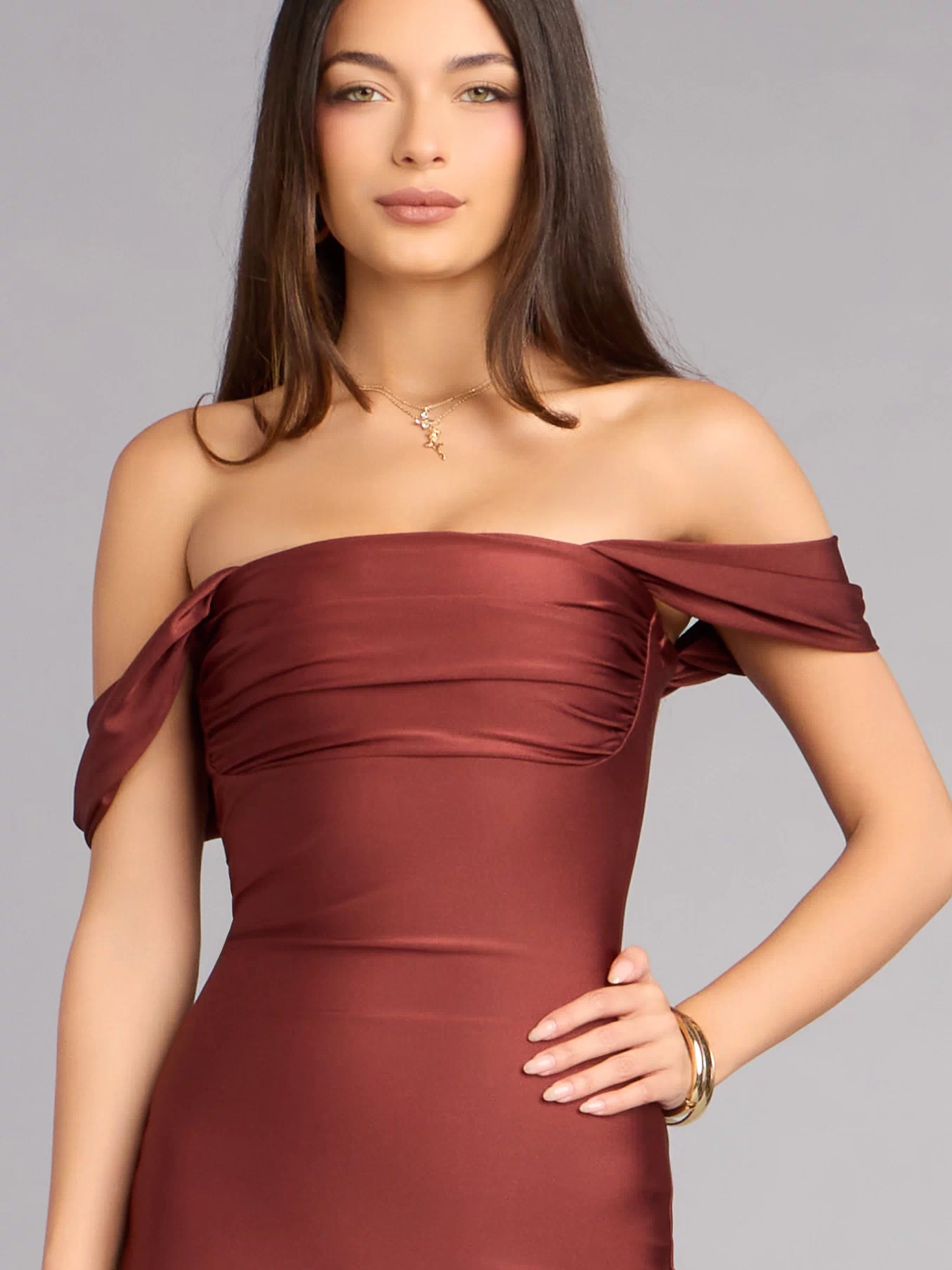 Style a midi dress like Exceptional Off-The-Shoulder Flared Midi Dress in brown with a balanced silhouette, comfortable fit, and versatile design for any occasion.