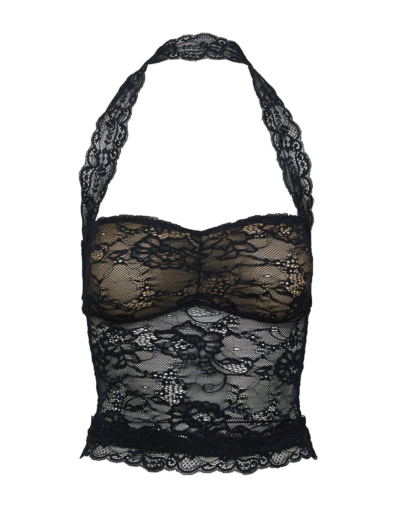 back view of model wearing Princess Polly Fantasize Lace Halter Top Black Sleeveless Sweetheart 