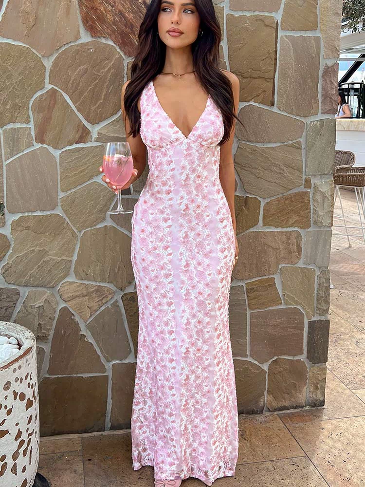 Farida Pink Lace Maxi Dress