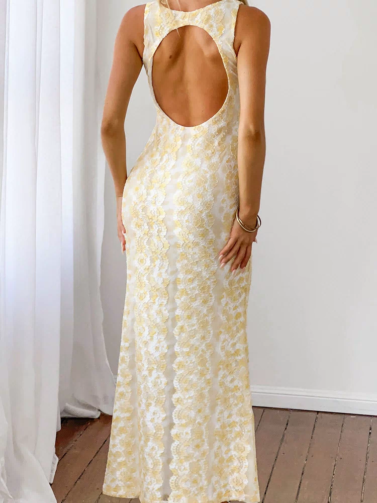 Beginning Boutique Farida Yellow Lace Maxi Dress yellow and white floral lace sleeveless maxi dress with a large back cutout