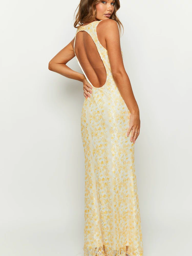 Side and rear view of a yellow floral lace maxi dress with a deep rounded cutout back