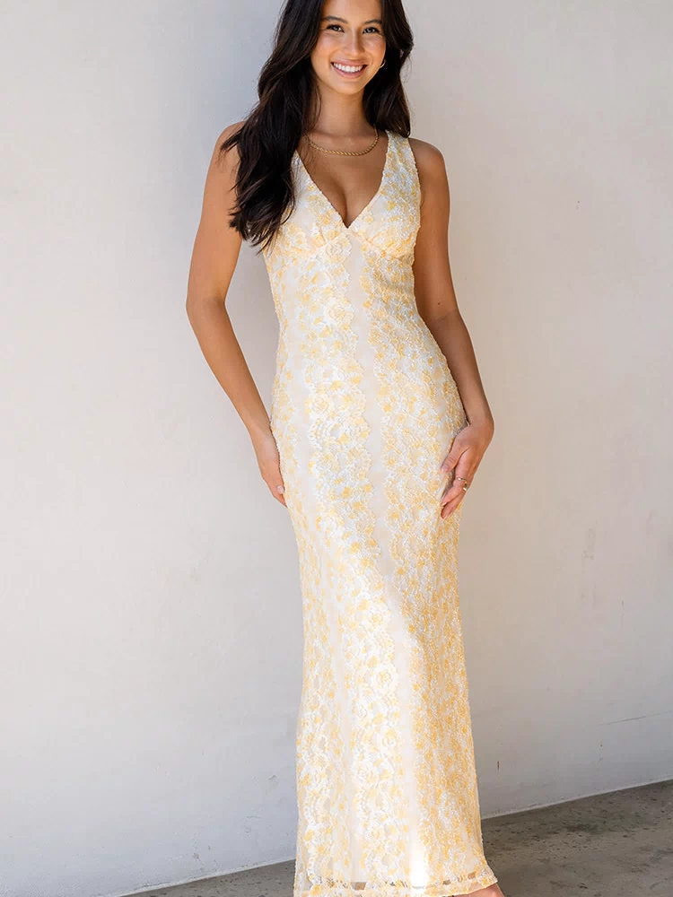 Beginning Boutique Farida Yellow Lace Maxi Dress yellow lace maxi dress with a V-neckline and fitted silhouette
