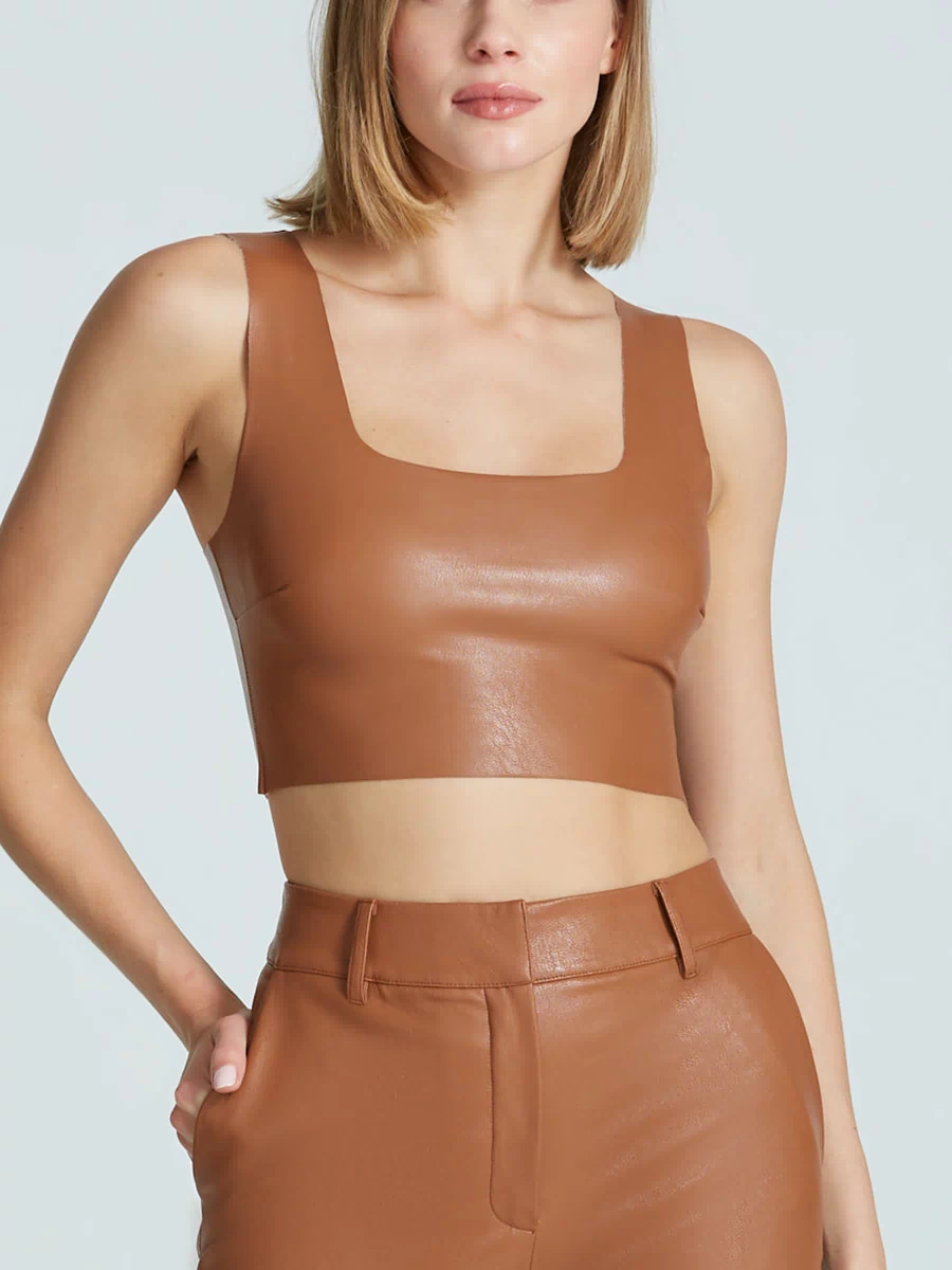 Faux Leather Squareneck Crop Top::Cocoa::Hover