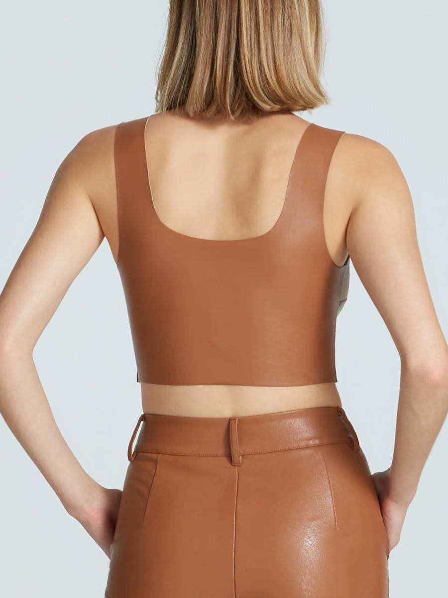 Faux Leather Squareneck Crop Top::Cocoa::Back