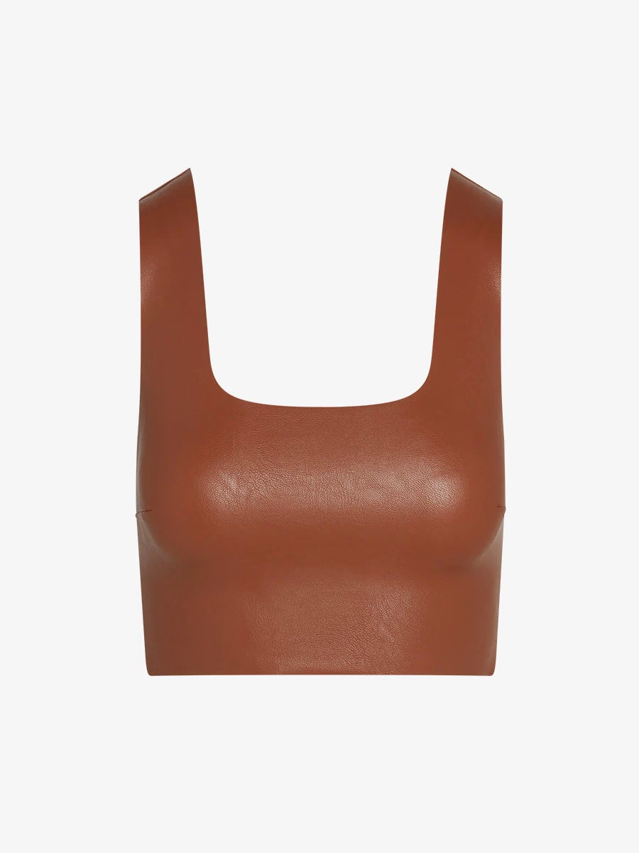 Faux Leather Squareneck Crop Top::Cocoa::Main
