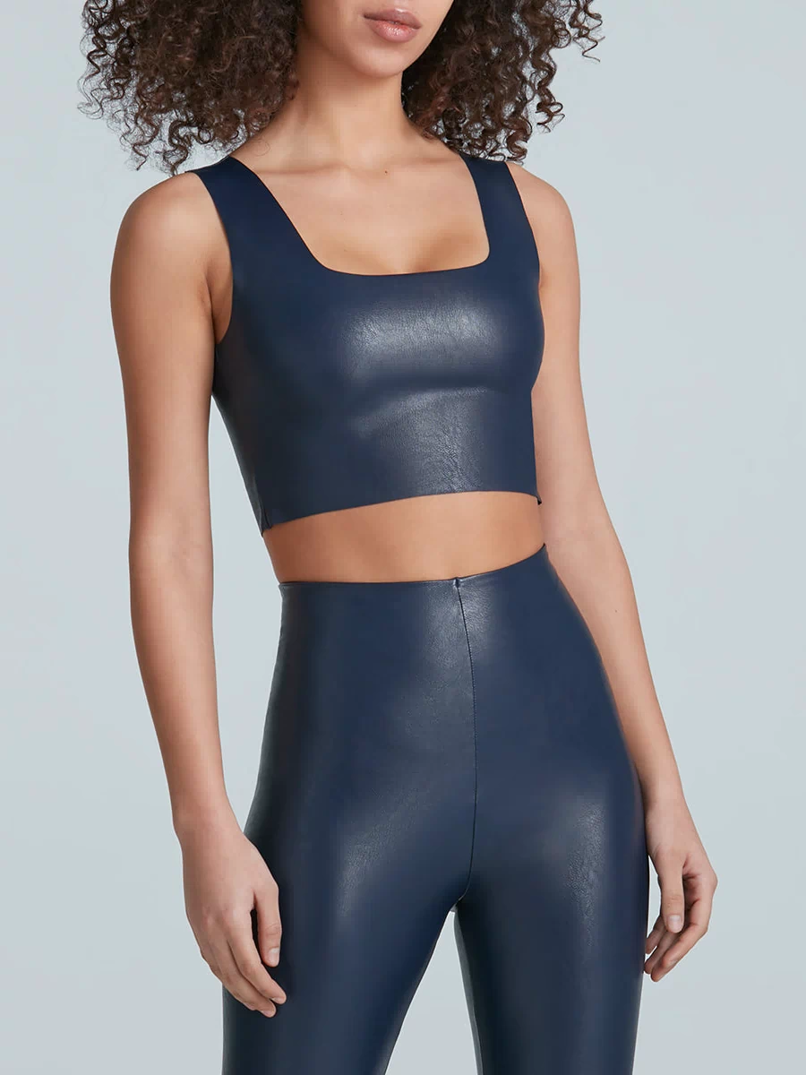 Faux Leather Squareneck Crop Top::Navy::Hover