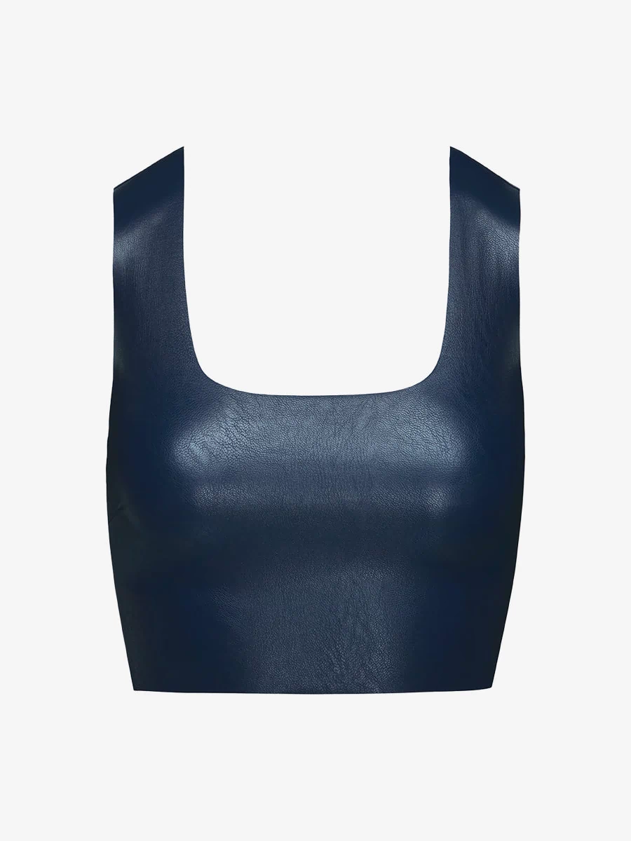 Faux Leather Squareneck Crop Top::Navy::Main