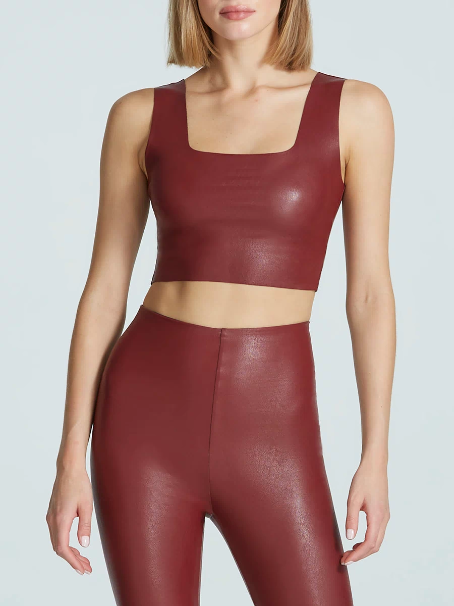 Faux Leather Squareneck Crop Top::Garnet::Hover