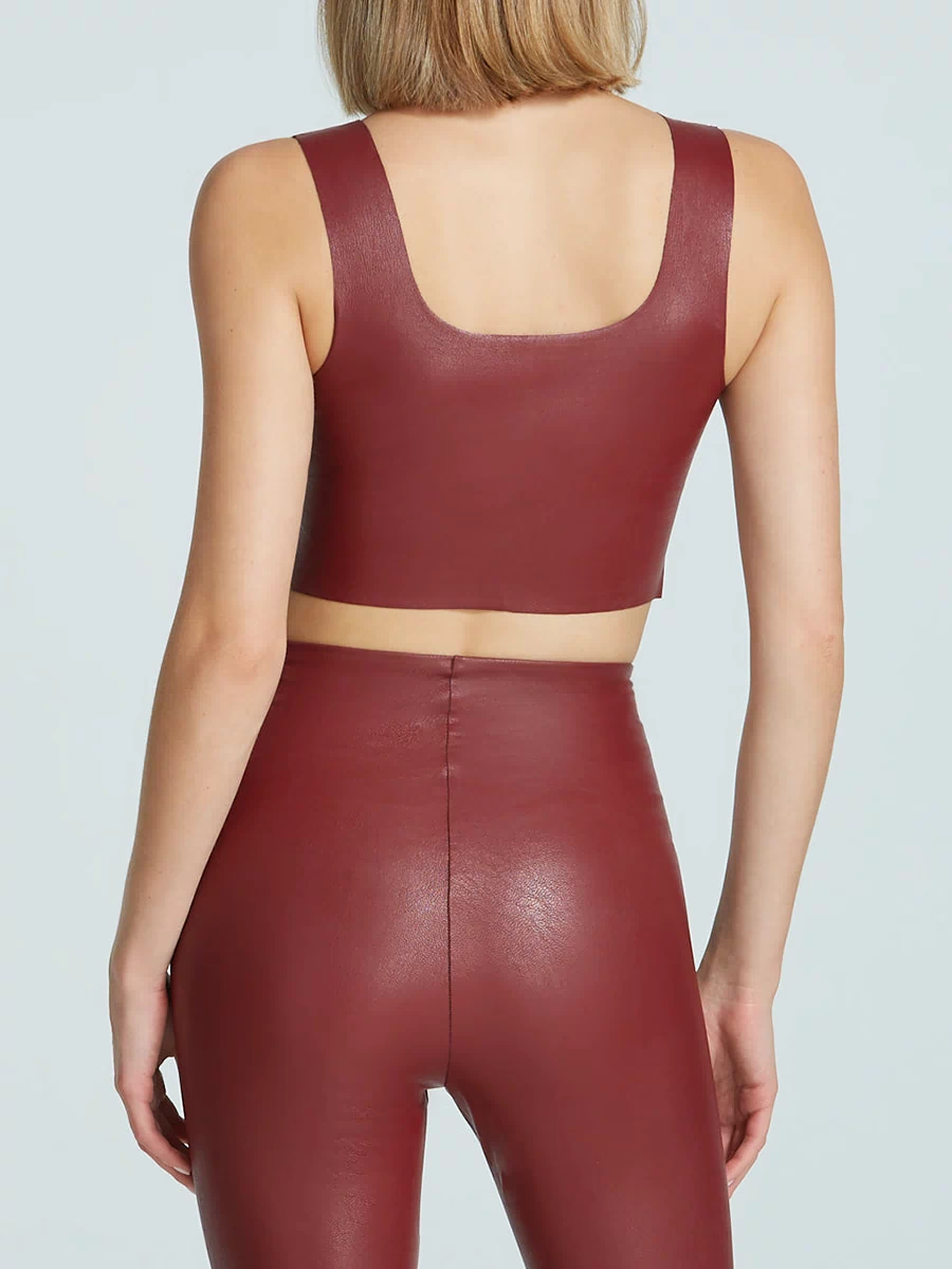 Faux Leather Squareneck Crop Top::Garnet::Back