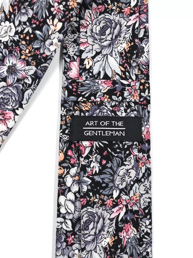 Floral Black cotton tie, back view showing the Art of the Gentleman keeper loop