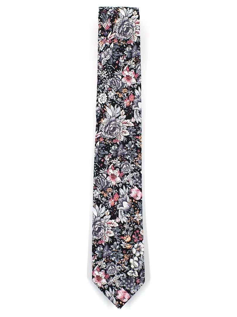 Floral Black cotton tie, laid flat