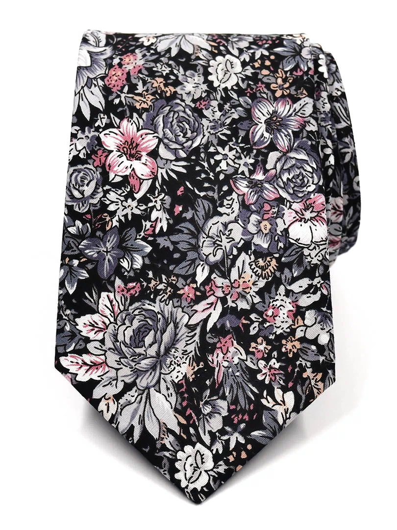 Floral Black cotton tie, traditional width, rolled front view
