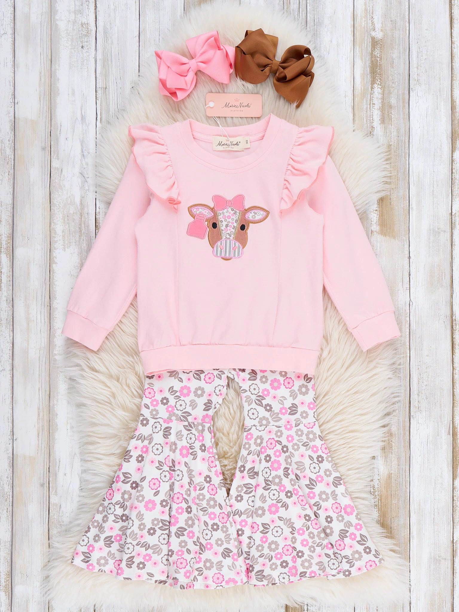 Floral Cow Cutie Ruffle Bell Bottom Outfit - Marie Nicole Clothing
