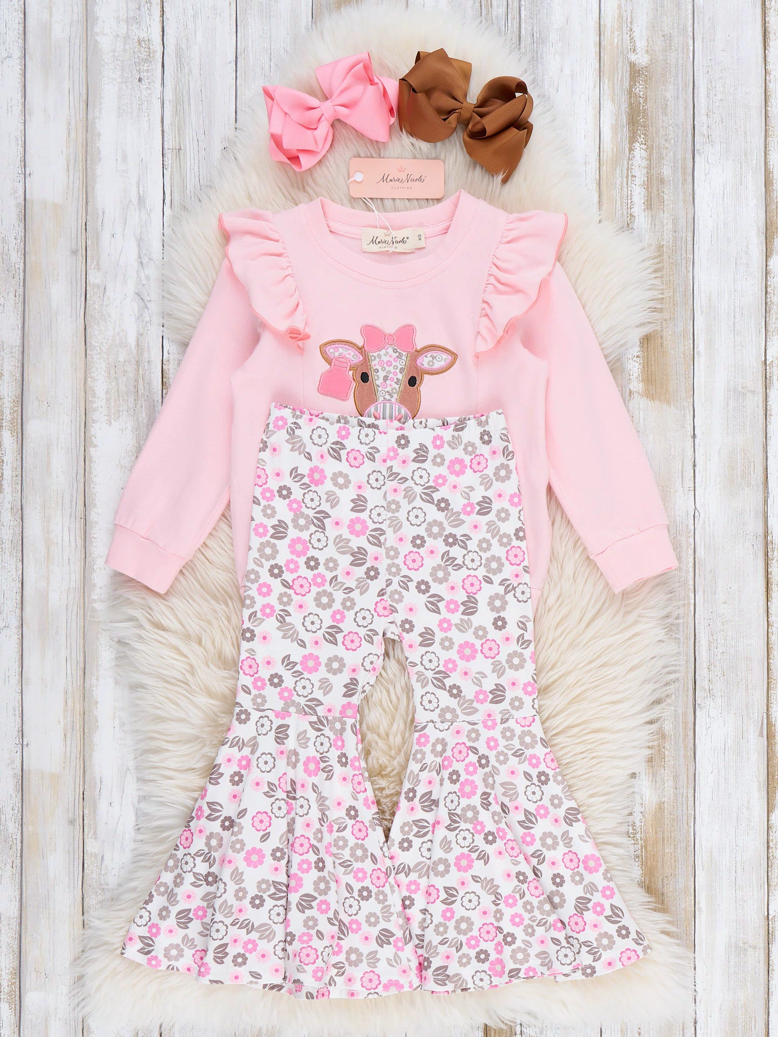 Floral Cow Cutie Ruffle Bell Bottom Outfit - Marie Nicole Clothing