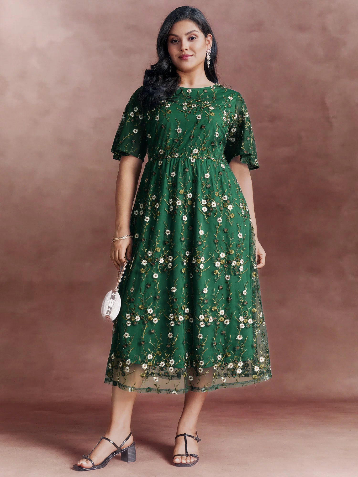 Floral Embroidered Mesh Midi Dress