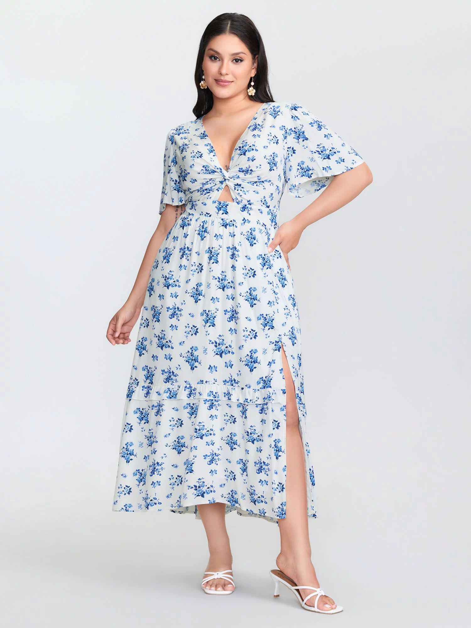 Floral Print Cut-Out Twisted Midi Dress