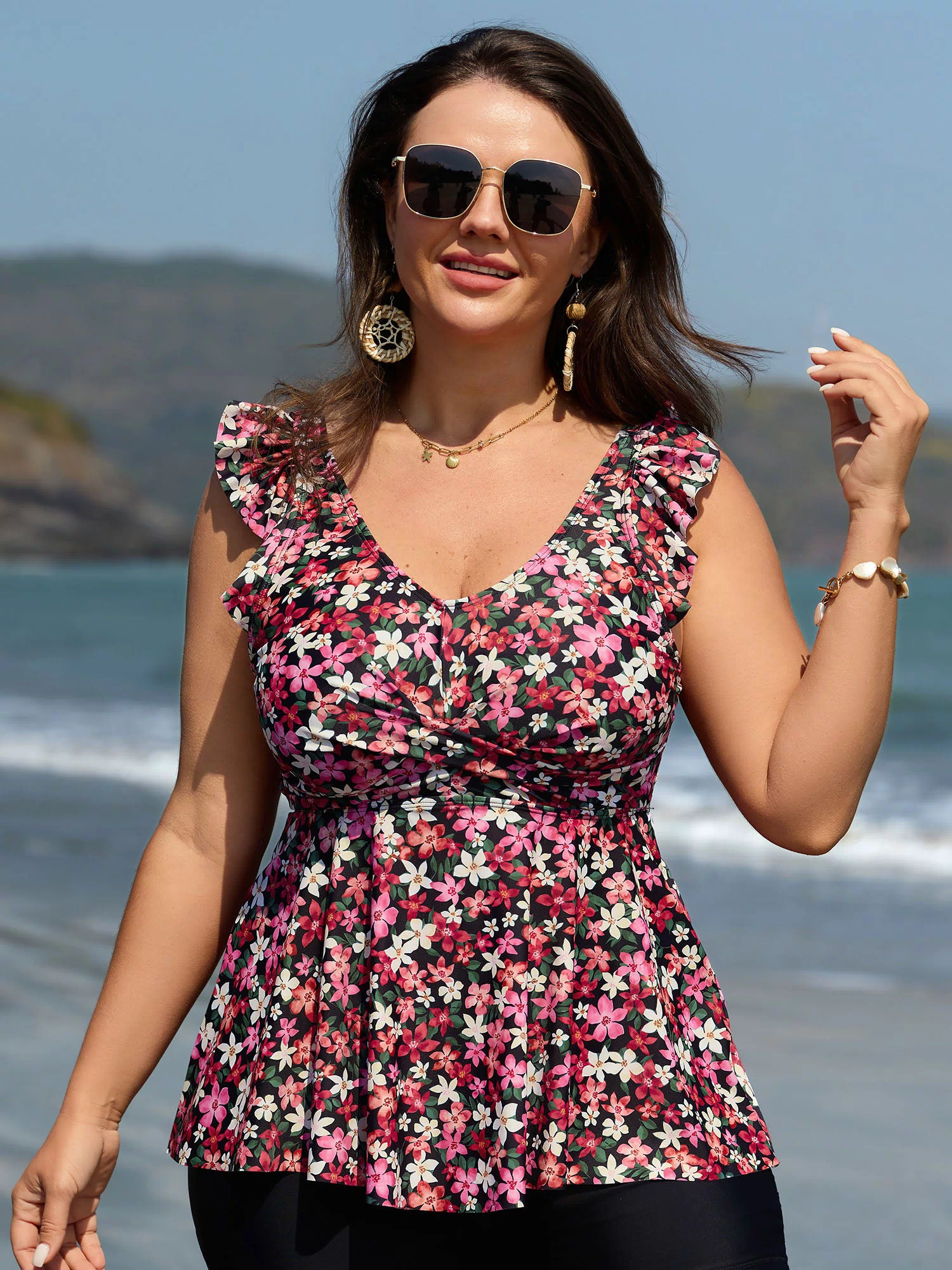 Floral Print Flutter Sleeve Swim Top