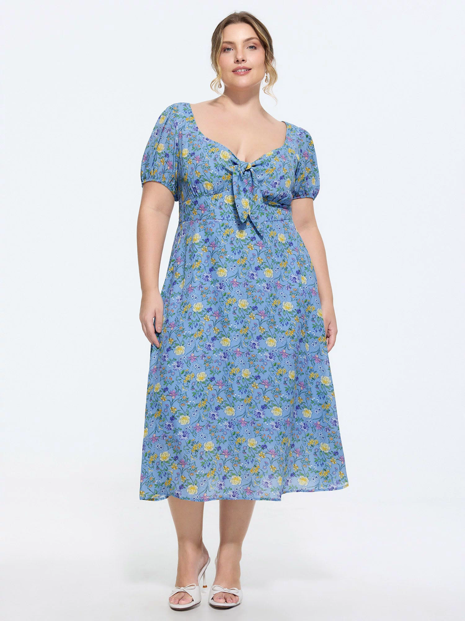 Floral Print Knotted-Front Ruched Midi Dress