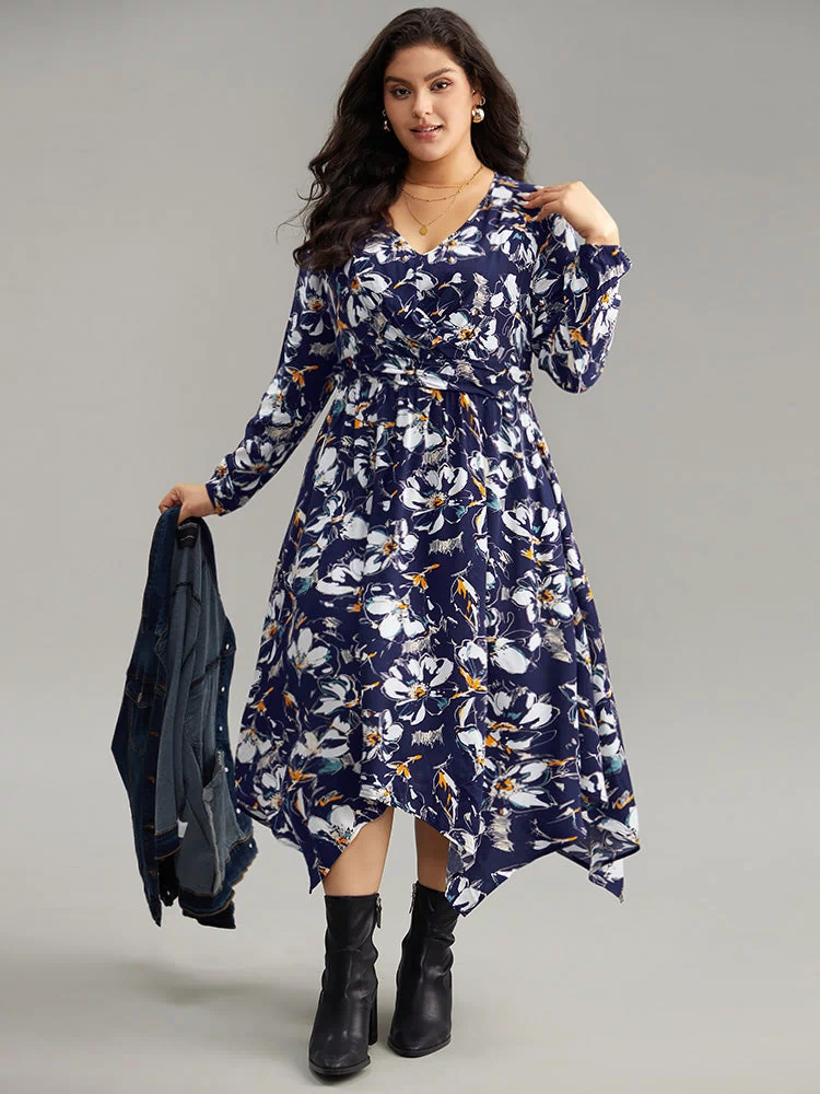 Floral Print Ruched Plicated Detail Dress