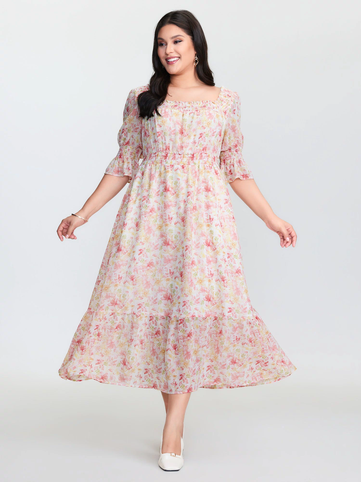 Floral Print Shirred Neckline Maxi Dress