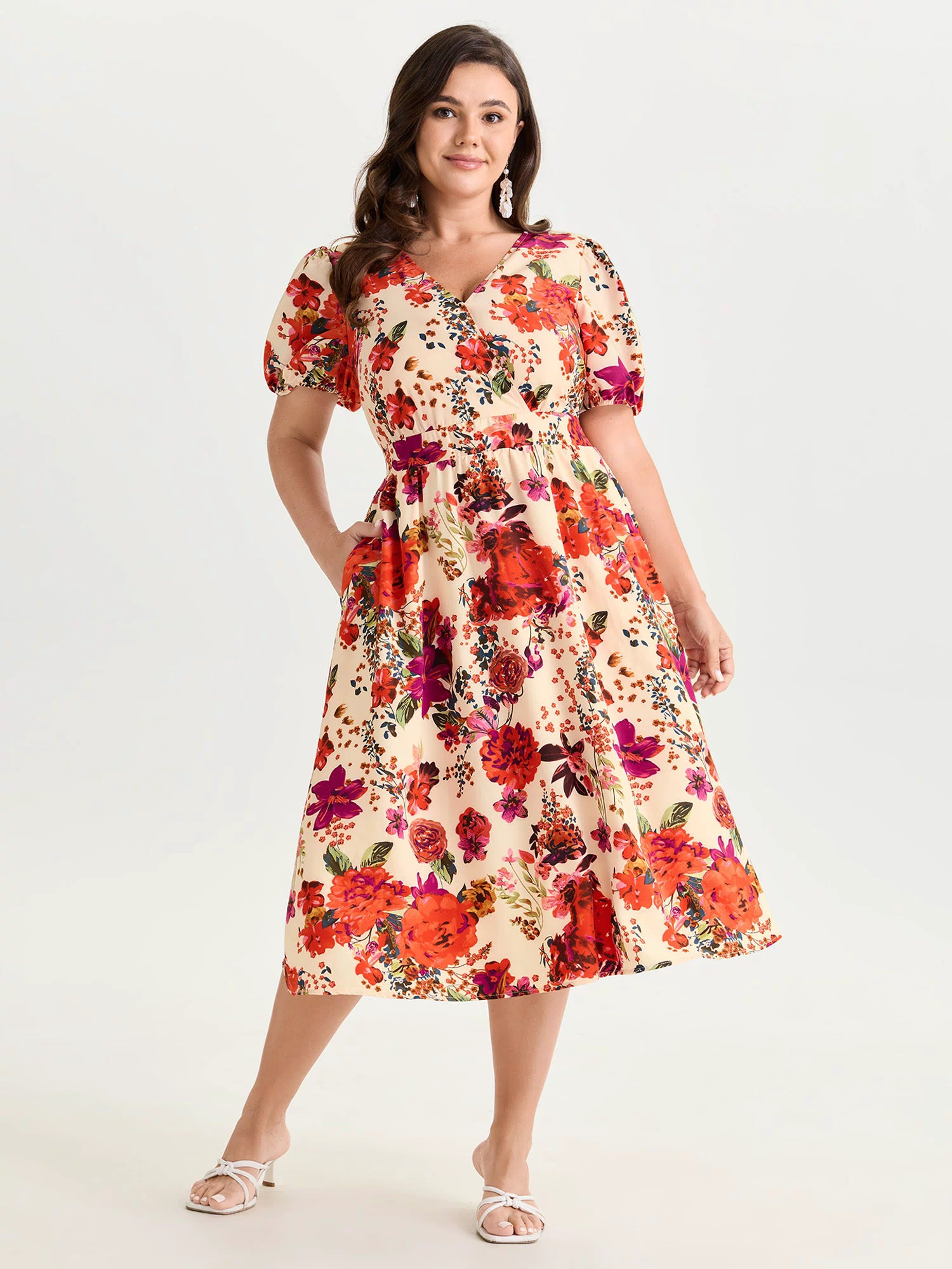 Floral Print Shirred Waist Midi Dress