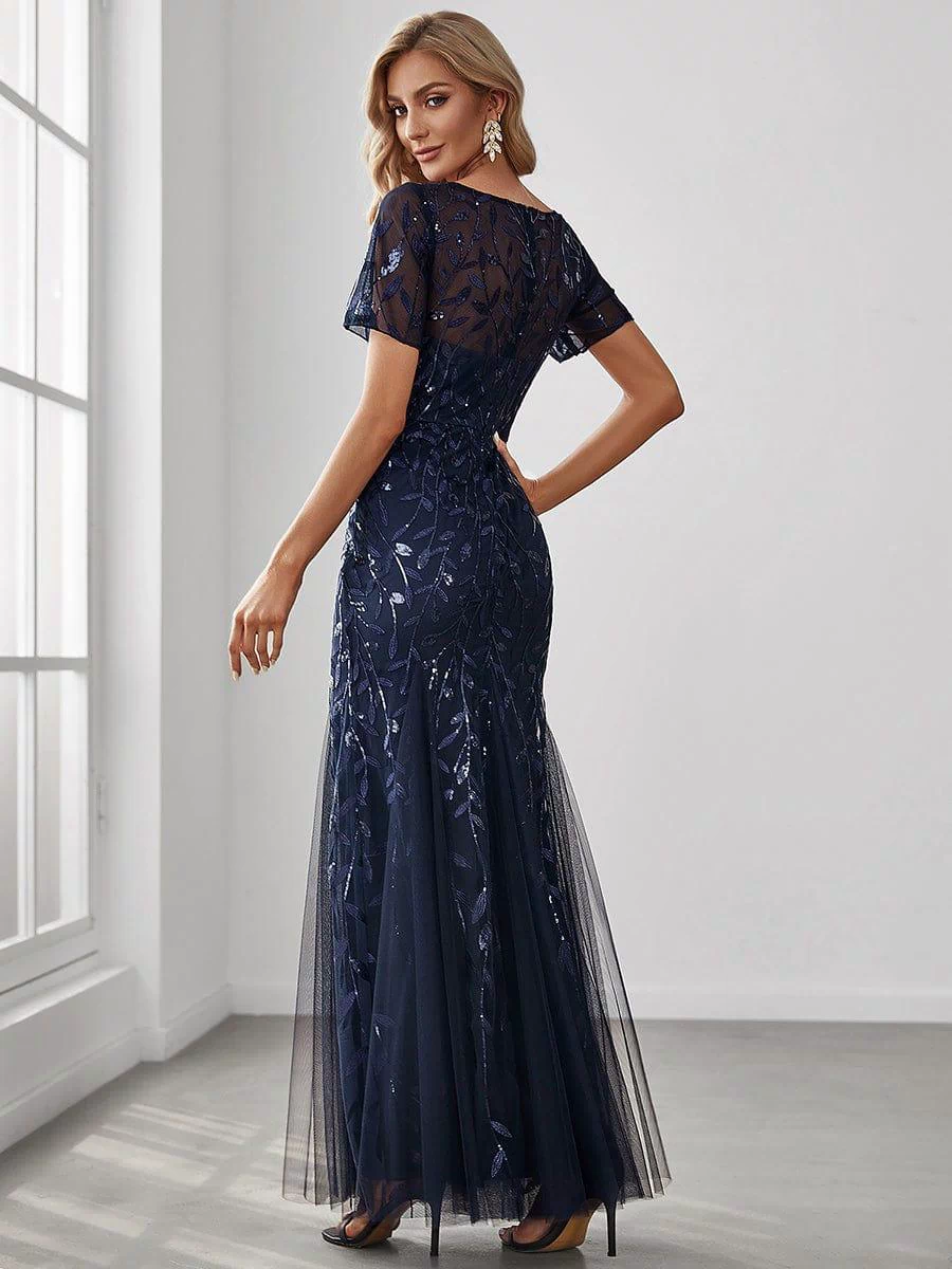 Floral Sequin Maxi Fishtail Tulle Prom Dress with Half Sleeve #Color_Navy Blue