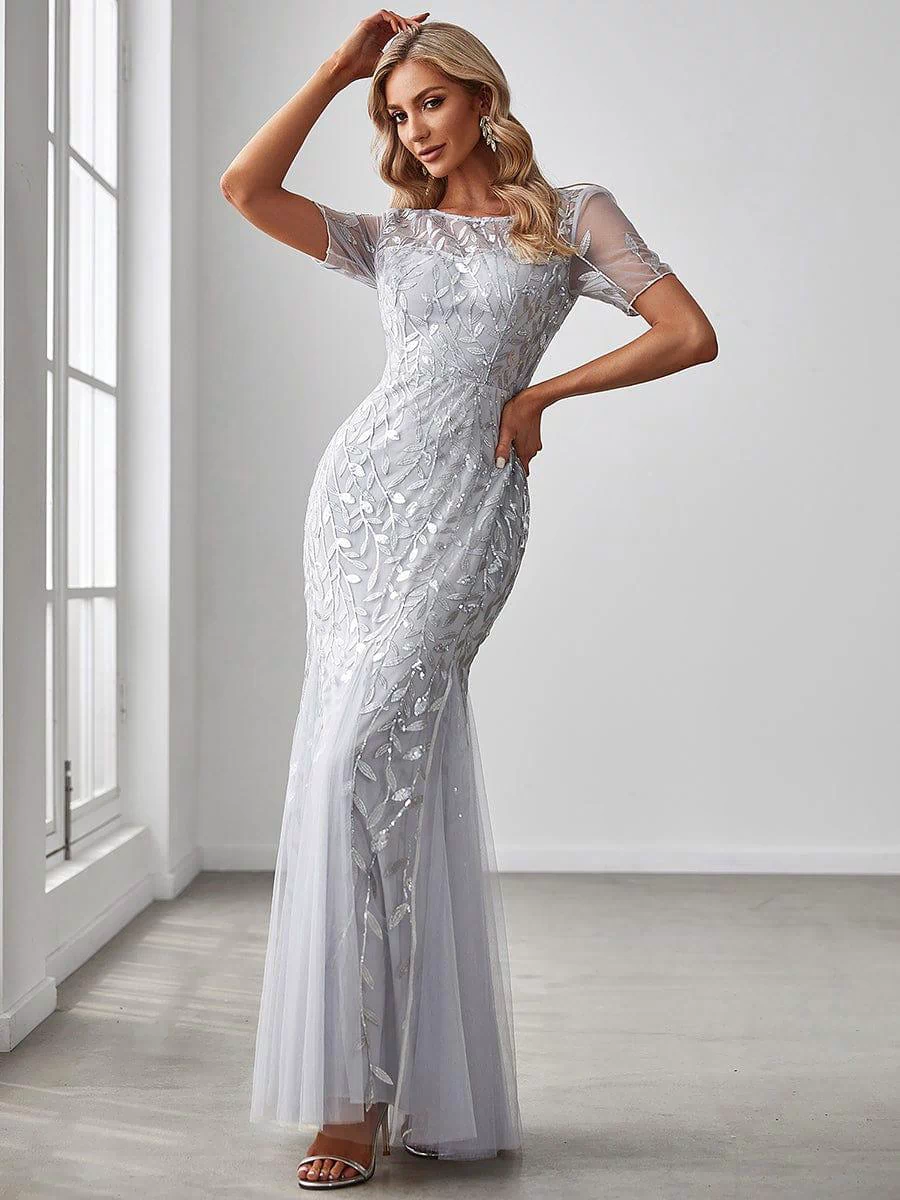 Floral Sequin Maxi Fishtail Tulle Prom Dress with Half Sleeve #Color_Silver