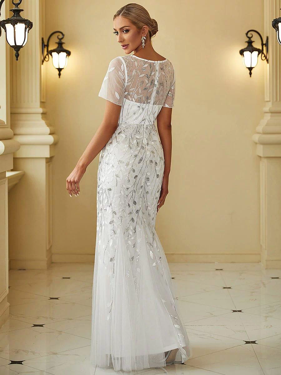Floral Sequin Maxi Fishtail Tulle Prom Dress with Half Sleeve #Color_White