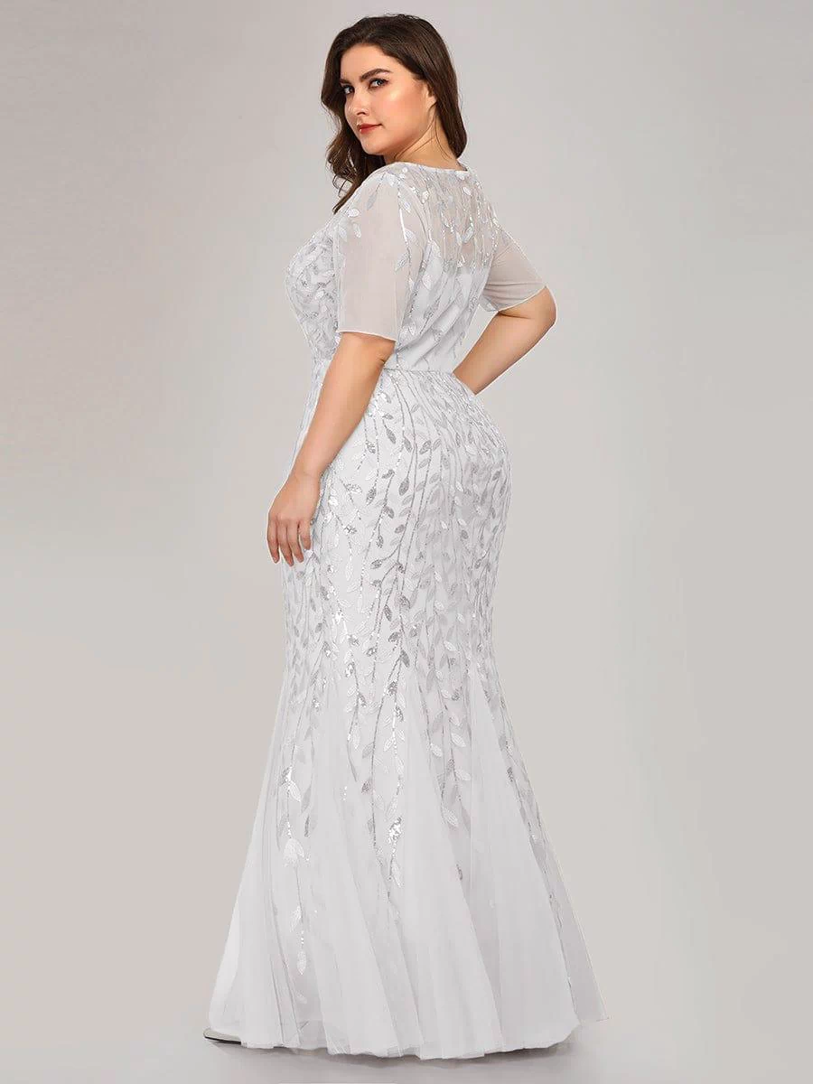 Floral Sequin Maxi Fishtail Tulle Prom Dress with Half Sleeve #Color_White