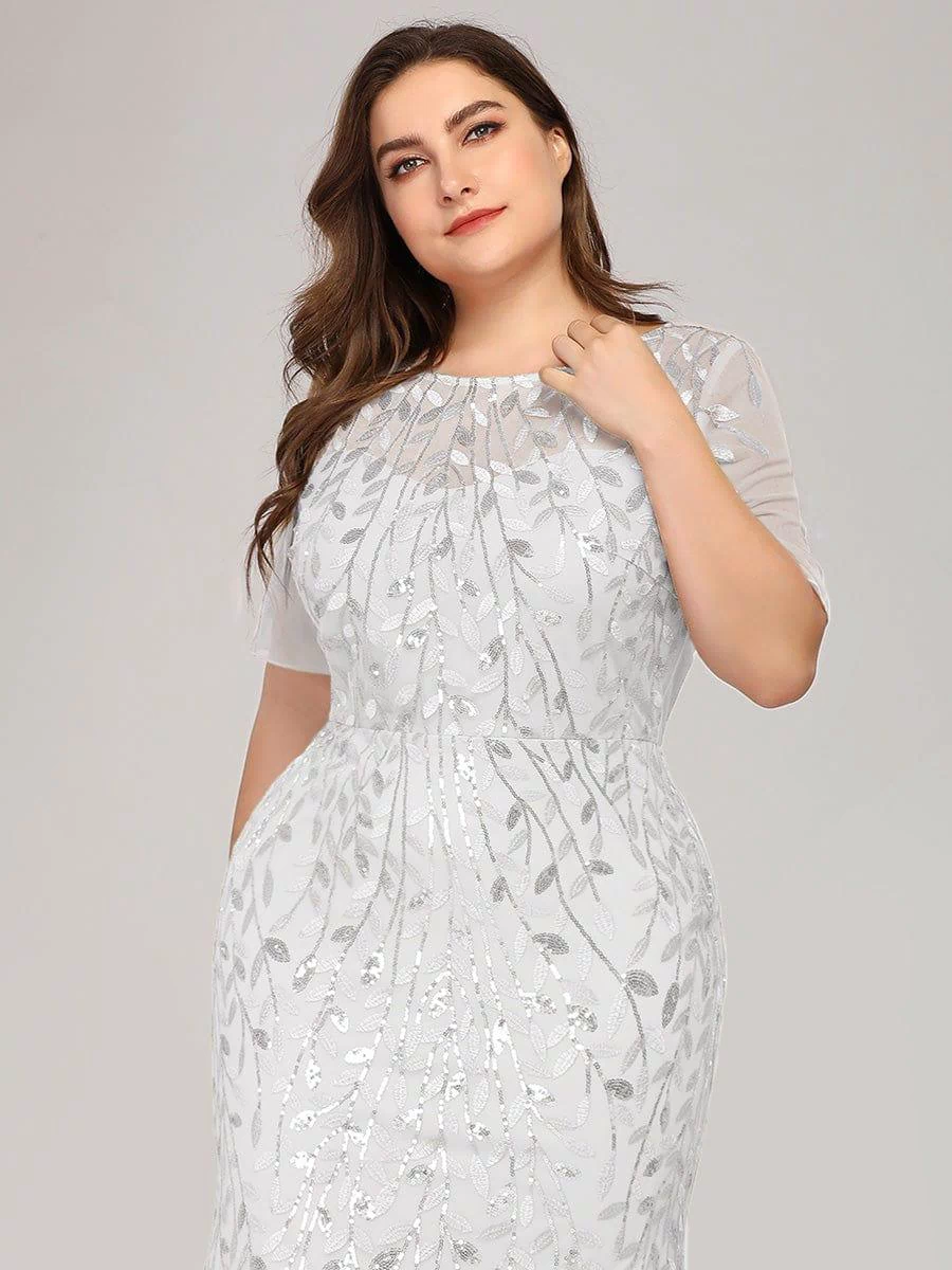 Floral Sequin Maxi Fishtail Tulle Prom Dress with Half Sleeve #Color_White