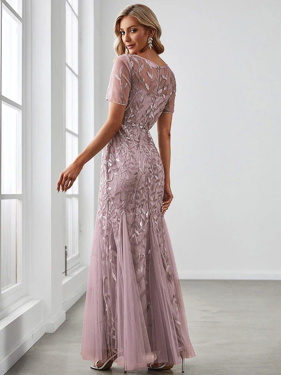 Floral Sequin Maxi Fishtail Tulle Prom Dress with Half Sleeve #Color_Lilac