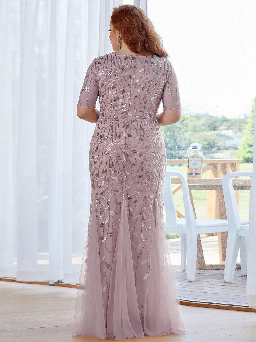 Floral Sequin Maxi Fishtail Tulle Prom Dress with Half Sleeve #Color_Lilac
