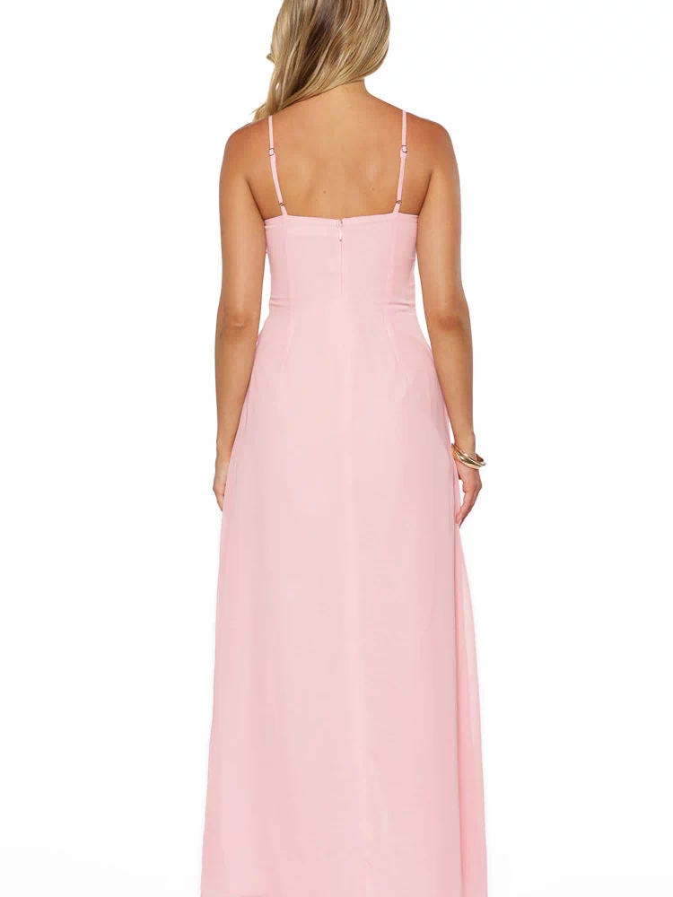 Rear view of a pink maxi sleeveless dress with adjustable spaghetti straps and an invisible back zipper