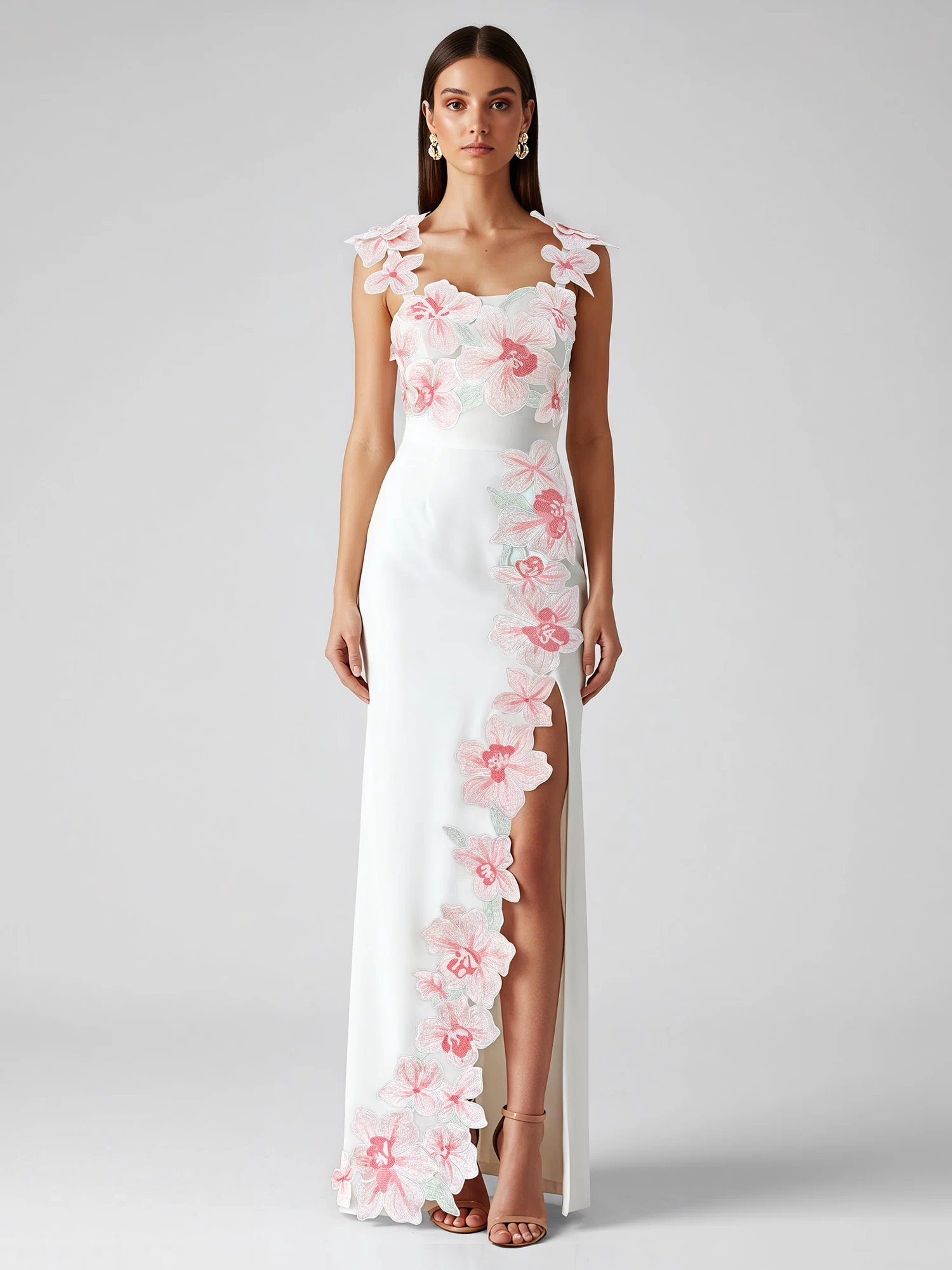 Flower Embroidered Dress - White/Pink