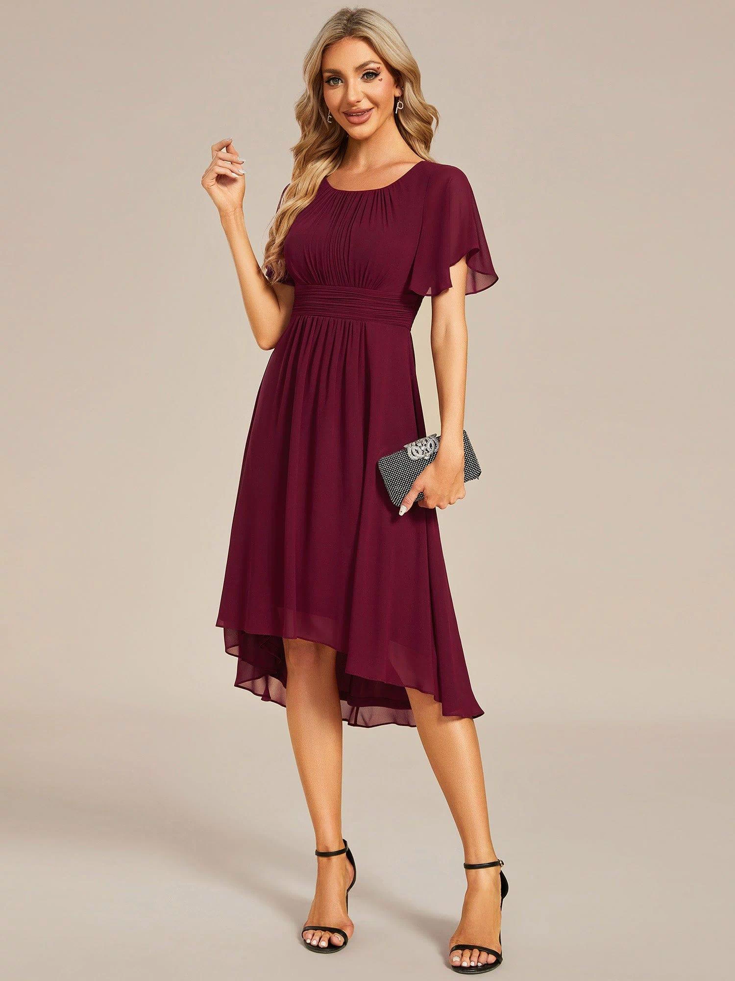 Flowy Chiffon Round Neckline A-Line Knee Length Bridesmaid Dress #color_Burgundy