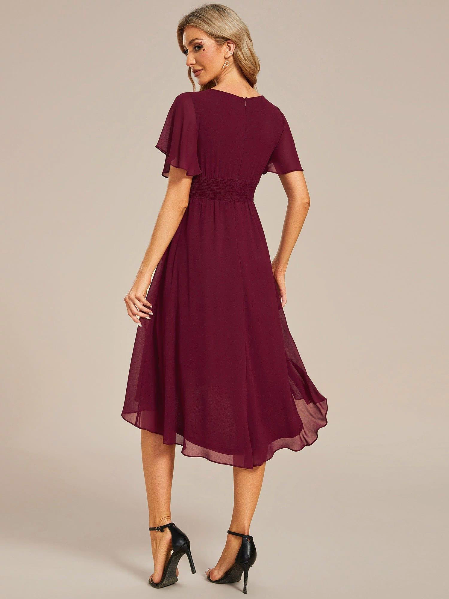 Flowy Chiffon Round Neckline A-Line Knee Length Bridesmaid Dress #color_Burgundy