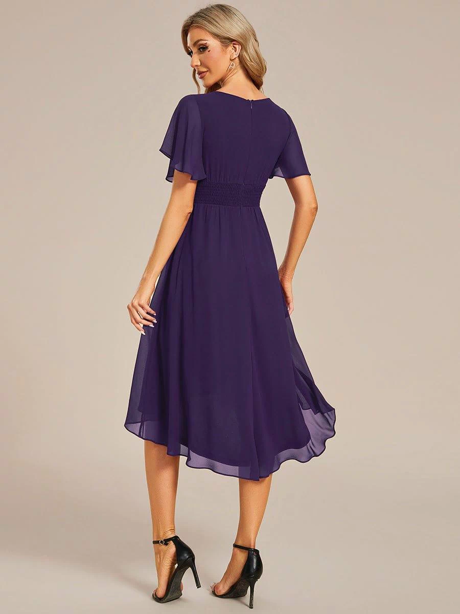 Flowy Chiffon Round Neckline A-Line Knee Length Bridesmaid Dress #color_Dark Purple