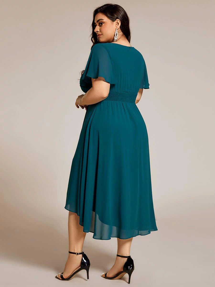 Flowy Chiffon Round Neckline A-Line Knee Length Bridesmaid Dress #color_Teal